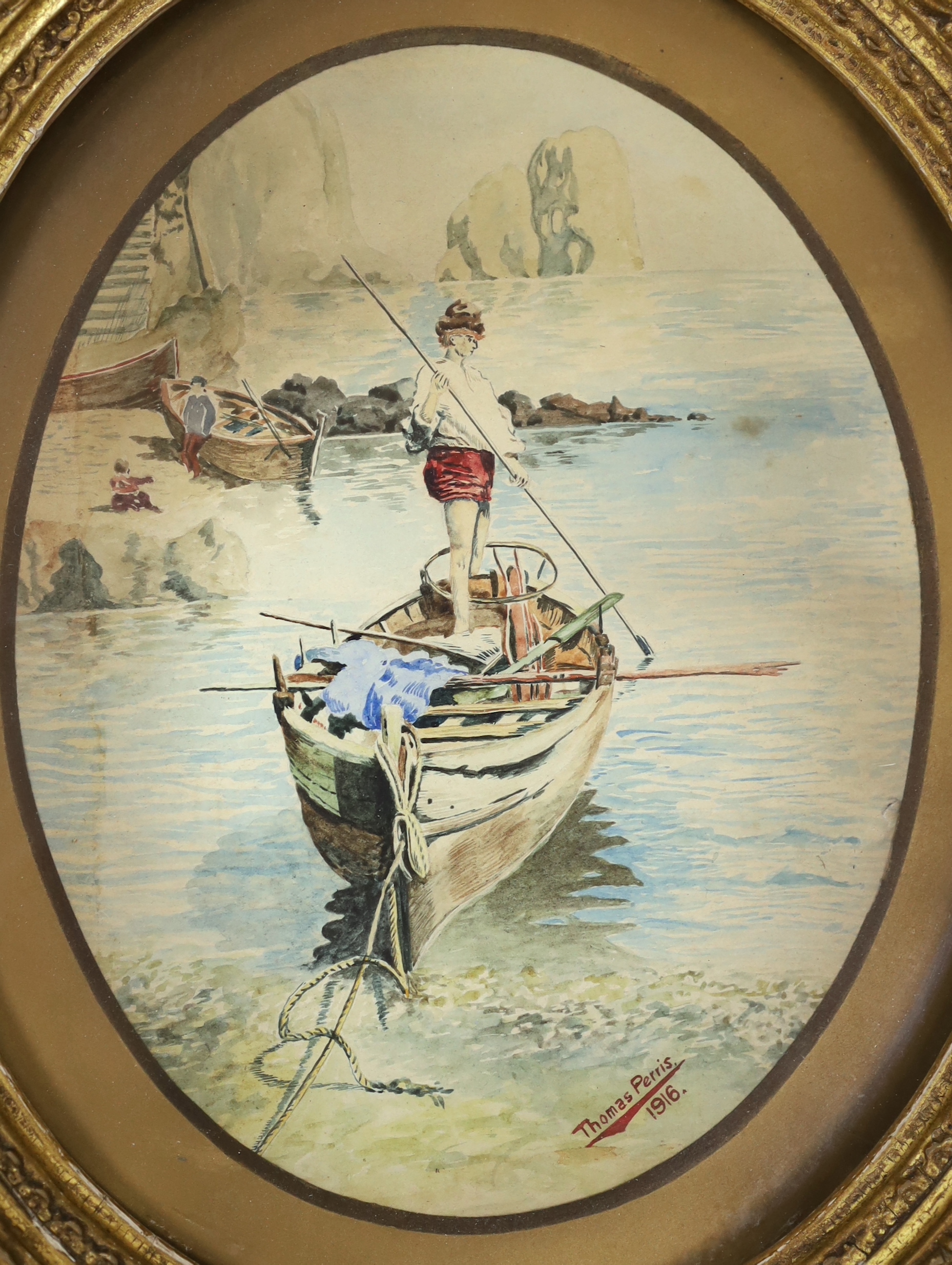 Thomas Perris (19th / 20th C), oval watercolour, Boating scene, signed and dated 1916, oval, 20 x 16cm, gilt framed